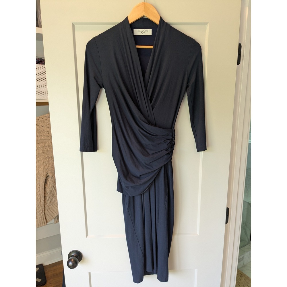 MM LaFleur‎ Navy Blue Dress Wrap Front 3/4 Sleeve Career XS